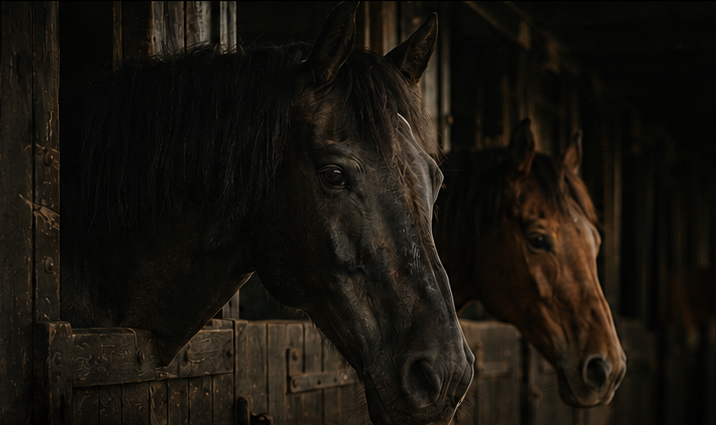 Two Parkfield Equine Solutions horses meeting across stable doors.