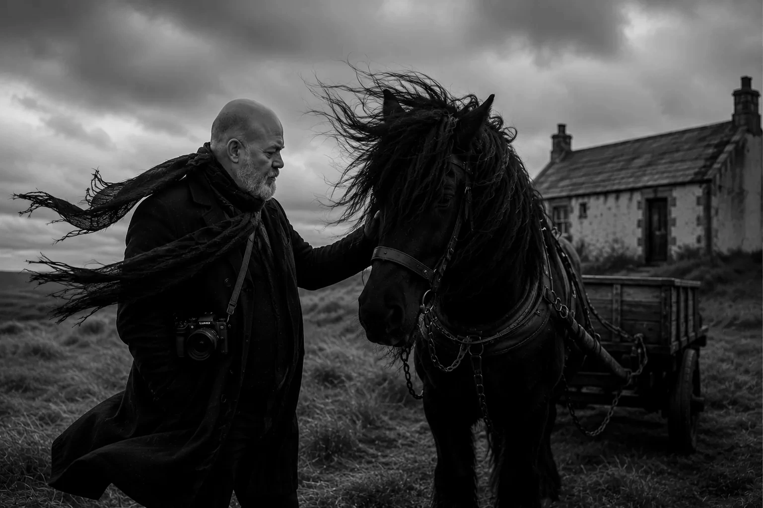 Emilio Daniel Bustamante standing beside a horse beneath a stormy sky