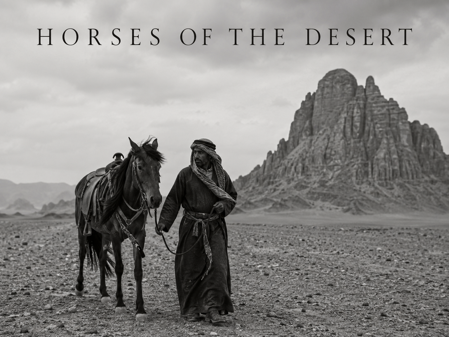 Horses of the Desert film frame with a man leading a horse through the landscape