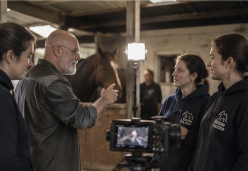 A documentary filmmaker speaking with an equine rescue team during a stable shoot
