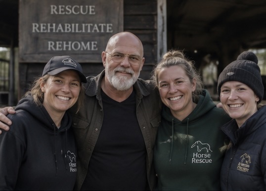 Emilio with members of an equine rescue team outside the stables