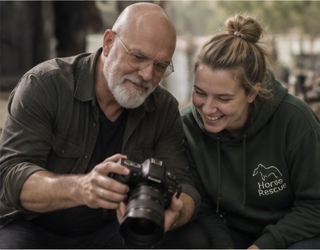 A filmmaker and an equine rescue worker reviewing footage together