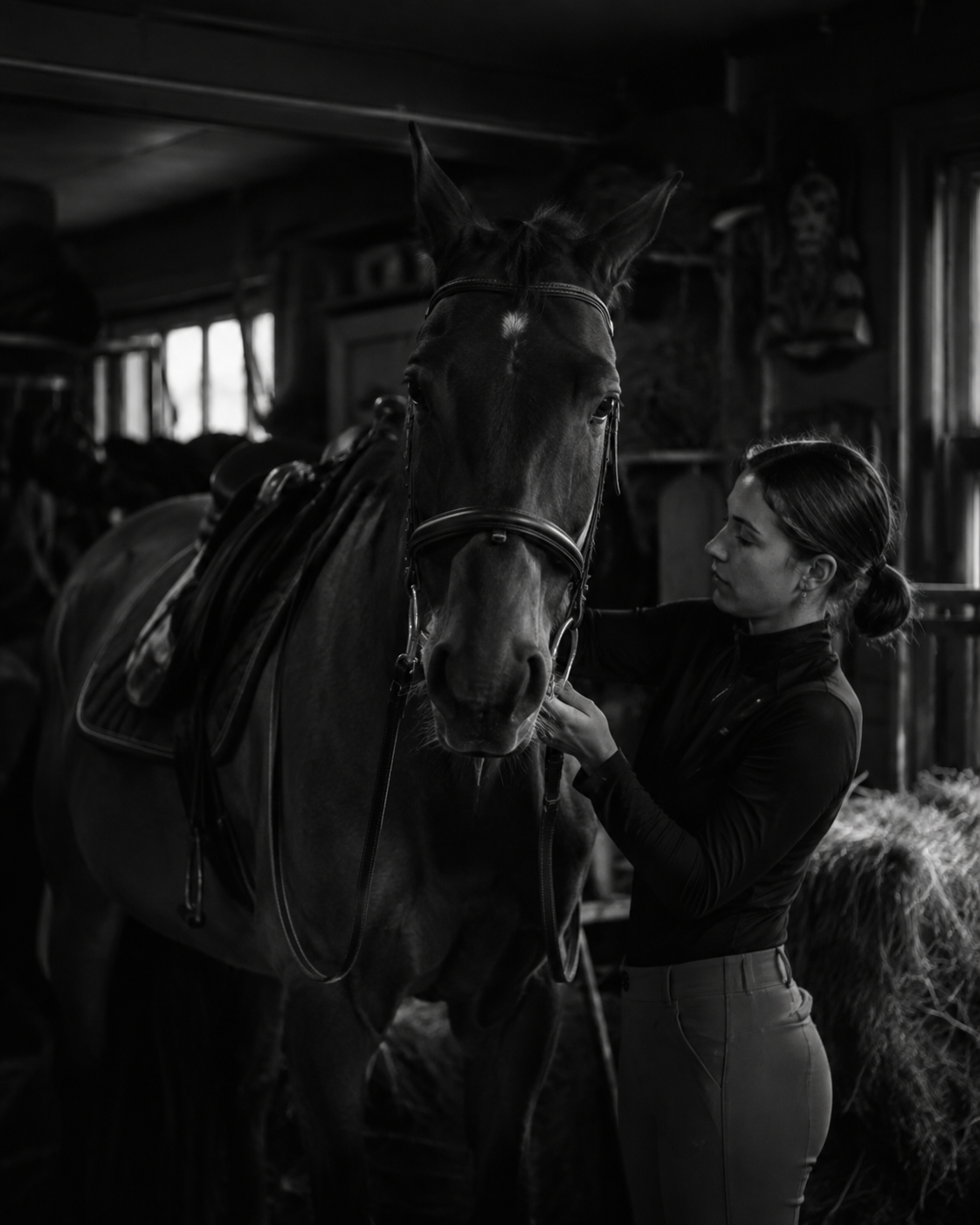 Rider fastening a horse's bridle in a shadowed stable