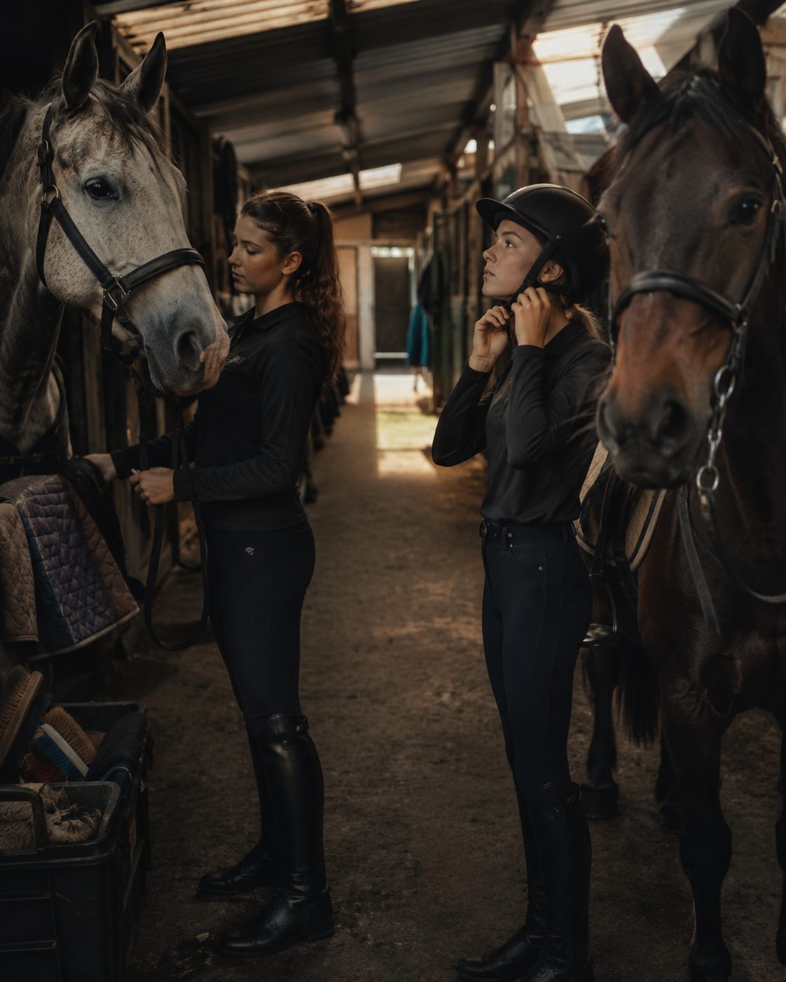 Two young riders preparing among horses in the stable aisle